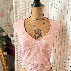 Feminine Pink Lace Blouse With Bow Detail